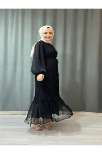 PLİSELİ JANJAN ŞİFON KADIN TESETTÜR ELBİSE GİYİM-Siyah - GENEL MARKALAR (1)