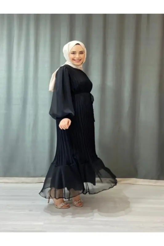 PLİSELİ JANJAN ŞİFON KADIN TESETTÜR ELBİSE GİYİM-Siyah - 2