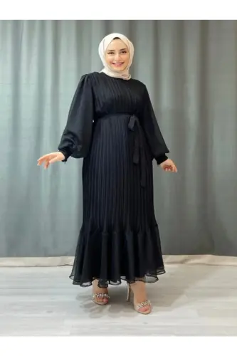 PLİSELİ JANJAN ŞİFON KADIN TESETTÜR ELBİSE GİYİM-Siyah - 3