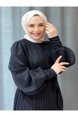 PLİSELİ JANJAN ŞİFON KADIN TESETTÜR ELBİSE GİYİM-Siyah - 5