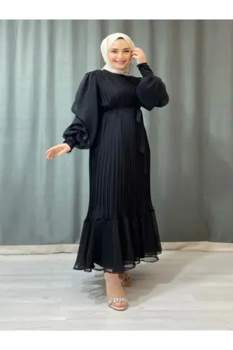 PLİSELİ JANJAN ŞİFON KADIN TESETTÜR ELBİSE GİYİM-Siyah 