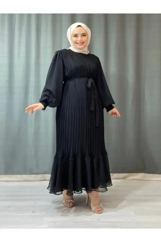 PLİSELİ JANJAN ŞİFON KADIN TESETTÜR ELBİSE GİYİM-Siyah - 3
