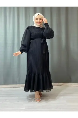 PLİSELİ JANJAN ŞİFON KADIN TESETTÜR ELBİSE GİYİM-Siyah - 4