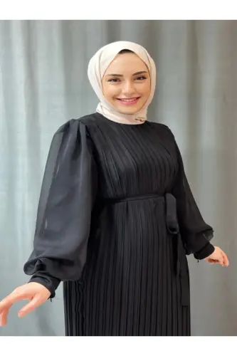 PLİSELİ JANJAN ŞİFON KADIN TESETTÜR ELBİSE GİYİM-Siyah - 6