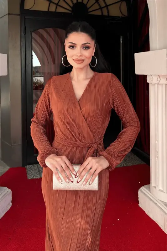 Pliseli kamarli ko'ylak - Jigarrang - 3