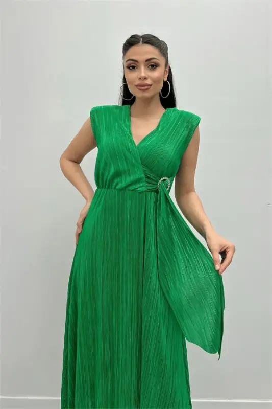 Pliseli Kumaş Beli Lastikli Kemerli Elbise - YEŞİL - 4