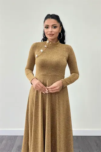 Плиссированное Креповое Платье Миди с Пуговицами - GOLD - 3
