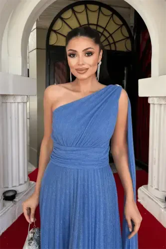 Плиссированное вечернее платье с блестящей тюлевой тканью - ИНДИГО СИНИЙ - 4