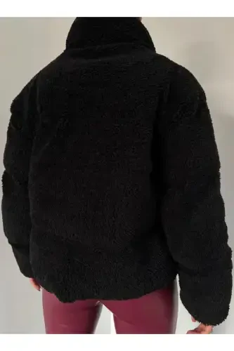 Плюшевая рельефная тедди дутая куртка - Черный-Черный - 3