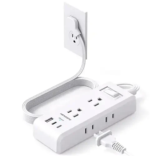 Плоская вилка сетевой розетки, ультратонкий удлинитель, 6 розеток 3 USB порта (2 USB C), 5-футовый удлинитель с несколькими розетками с настенным креплением без защиты от скачков напряжения для общежития, круиза, путешествий - HANYCONY (1)