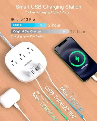 Плоская вилка, удлинитель с плоским шнуром 6 футов - 3 розетки, 4 USB-порта (2 USB C), настольная зарядная станция 22,5 Вт/4,5 А, сетевой фильтр с защитой от перенапряжения для общежития, предметы первой необходимости для путешествий - 5