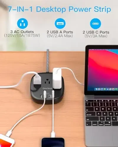 Плоский сетевой фильтр, плоский удлинитель 3 фута, 3 розетки, 4 USB-порта (2 USBC), настольная зарядная станция 22,5 Вт/4,5 А, сетевой фильтр без защиты от перенапряжения для круизного лайнера, необходимые вещи для общежития, черный - 4