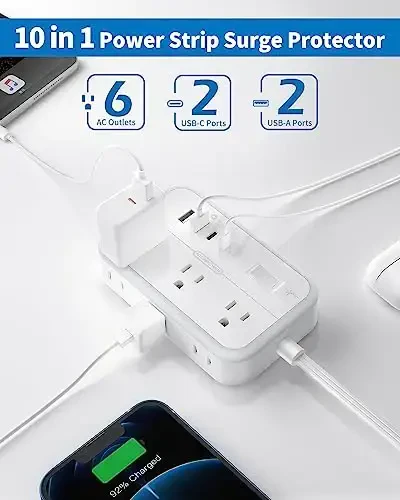 Плоский Удлинитель 15 футов, NTONPOWER Удлинитель с 6 розетками и 4 портами USB (2 USB C), Плоская вилка, Настенный, Боковой удлинитель для помещений, Дома, Офиса, Общежития - 3