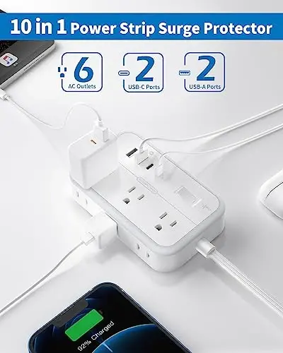 Плоский Удлинитель 15 ФУТОВ, NTONPOWER Удлинитель с 6 Розетками и 4 USB Портами (2 USB C), Плоская Вилка, Настенный, Боковой Удлинитель для Помещений, Домашнего Офиса, Общежития - 4