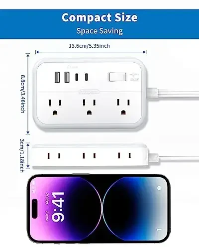 Плоский удлинитель 25 футов, сетевой фильтр NTONPOWER с 6 розетками, 4 портами USB (2 USB C), плоская вилка, несколько розеток, настенный, удлинитель розетки, защита от перегрузки для дома, офиса - 6