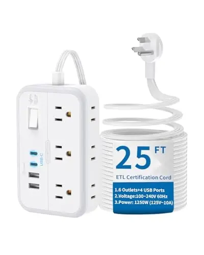 Плоский удлинитель 25 футов, сетевой фильтр NTONPOWER с 6 розетками, 4 портами USB (2 USB C), плоская вилка, несколько розеток, настенный, удлинитель розетки, защита от перегрузки для дома, офиса - NTONPOWER
