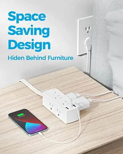 Плоский удлинитель 3м, плоская розетка Olcorife с 6 розетками, 3 порта USB (1 USB C), сетевой фильтр с 3 сторон для дома, офиса, общежития, белый - 4