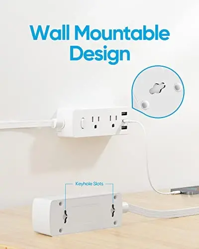 Плоский удлинитель 3м, плоская розетка Olcorife с 6 розетками, 3 порта USB (1 USB C), сетевой фильтр с 3 сторон для дома, офиса, общежития, белый - 5
