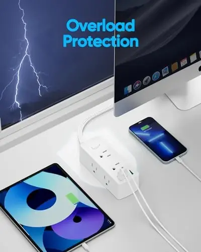 Плоский удлинитель 3м, плоская розетка Olcorife с 6 розетками, 3 порта USB (1 USB C), сетевой фильтр с 3 сторон для дома, офиса, общежития, белый - 6