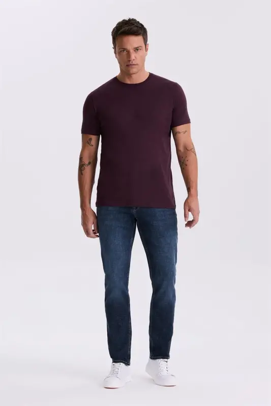 Plum 100% Cotton Slim Fit Crew Neck Basic T-Shirt - JAKAMEN
