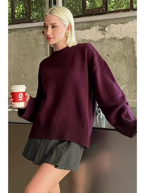 Plum Crewel Neck Oversize Knit Sweater Mg1972-Plum - 1