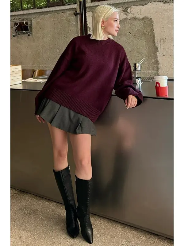 Plum Crewel Neck Oversize Knit Sweater Mg1972-Plum - 3