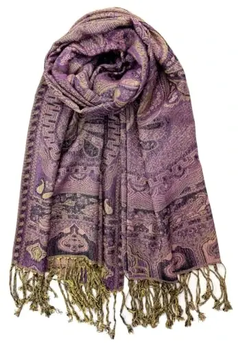 Plum Feathers PasModazoneina Style Shawl Scarf, Womens Tapestry Ethnic Paisley Pattern PasModazoneina Shawl Wrap with Fringes - 1