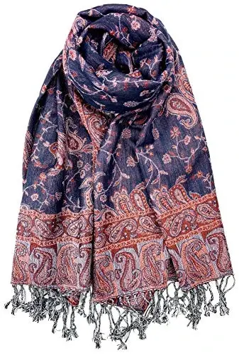 Plum Feathers PasModazoneina Style Shawl Scarf, Womens Tapestry Ethnic Paisley Pattern PasModazoneina Shawl Wrap with Fringes - 1