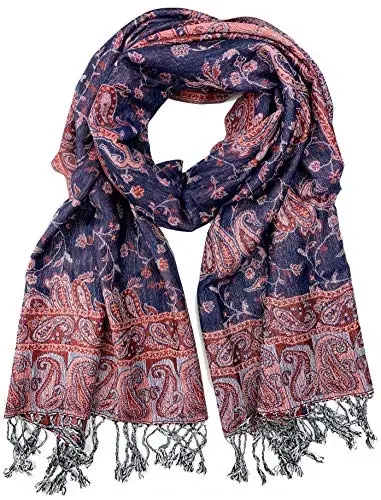 Plum Feathers PasModazoneina Style Shawl Scarf, Womens Tapestry Ethnic Paisley Pattern PasModazoneina Shawl Wrap with Fringes - Plum (1)