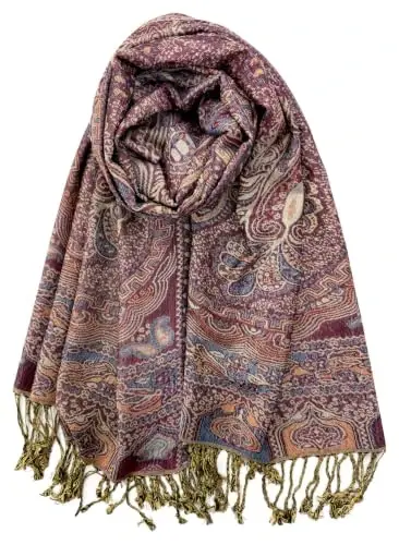 Plum Feathers PasModazoneina Style Shawl Scarf, Womens Tapestry Ethnic Paisley Pattern PasModazoneina Shawl Wrap with Fringes - 1