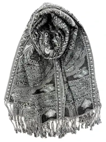 Plum Feathers PasModazoneina Style Shawl Scarf, Womens Tapestry Ethnic Paisley Pattern PasModazoneina Shawl Wrap with Fringes - 1