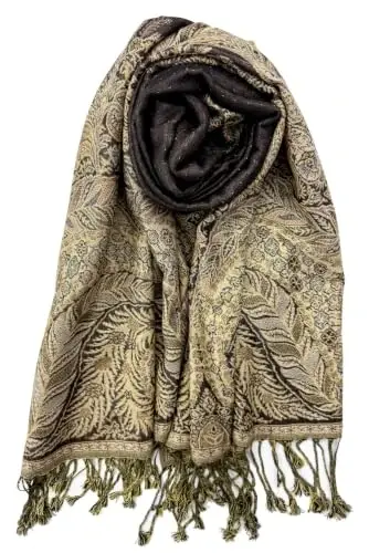 Plum Feathers PasModazoneina Style Shawl Scarf, Womens Tapestry Ethnic Paisley Pattern PasModazoneina Shawl Wrap with Fringes - 1