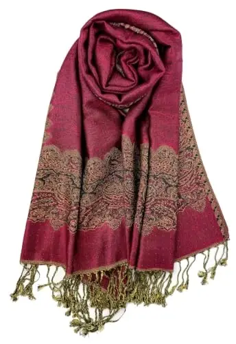 Plum Feathers PasModazoneina Style Shawl Scarf, Womens Tapestry Ethnic Paisley Pattern PasModazoneina Shawl Wrap with Fringes - 1
