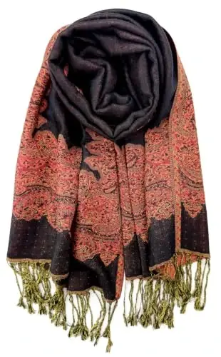 Plum Feathers PasModazoneina Style Shawl Scarf, Womens Tapestry Ethnic Paisley Pattern PasModazoneina Shawl Wrap with Fringes - 1