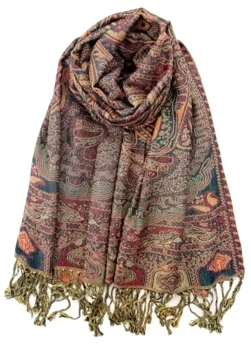 Plum Feathers PasModazoneina Style Shawl Scarf, Womens Tapestry Ethnic Paisley Pattern PasModazoneina Shawl Wrap with Fringes - 1