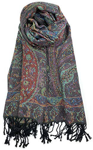 Plum Feathers Tapestry Ethnic Paisley Pattern Pashmina Shawl Scarf, Womens Pashmina Shawl Wrap with Fringes - 1