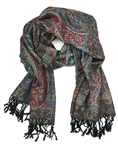 Plum Feathers Tapestry Ethnic Paisley Pattern PasModazoneina Shawl Scarf, Womens PasModazoneina Shawl Wrap with Fringes - 2