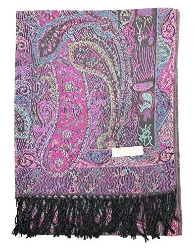 Plum Feathers Tapestry Ethnic Paisley Pattern PasModazoneina Shawl Scarf, Womens PasModazoneina Shawl Wrap with Fringes - 3