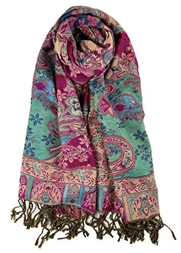 Plum Feathers Tapestry Ethnic Paisley Pattern PasModazoneina Shawl Scarf, Womens PasModazoneina Shawl Wrap with Fringes - 1