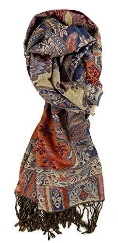Plum Feathers Tapestry Ethnic Paisley Pattern PasModazoneina Shawl Scarf, Womens PasModazoneina Shawl Wrap with Fringes - 2
