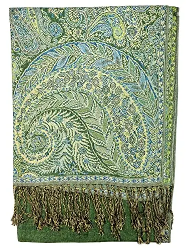 Plum Feathers Tapestry Ethnic Paisley Pattern PasModazoneina Shawl Scarf, Womens PasModazoneina Shawl Wrap with Fringes - 2