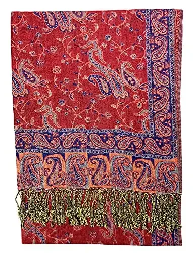 Plum Feathers Tapestry Ethnic Paisley Pattern PasModazoneina Shawl Scarf, Womens PasModazoneina Shawl Wrap with Fringes - PLUM (1)