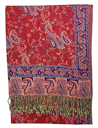 Plum Feathers Tapestry Ethnic Paisley Pattern PasModazoneina Shawl Scarf, Womens PasModazoneina Shawl Wrap with Fringes - 2