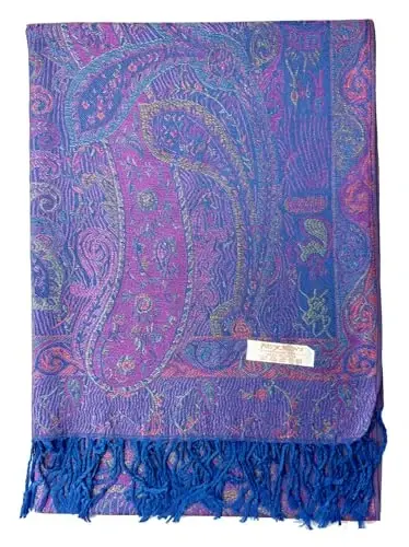 Plum Feathers Tapestry Ethnic Paisley Pattern PasModazoneina Shawl Scarf, Womens PasModazoneina Shawl Wrap with Fringes - 2