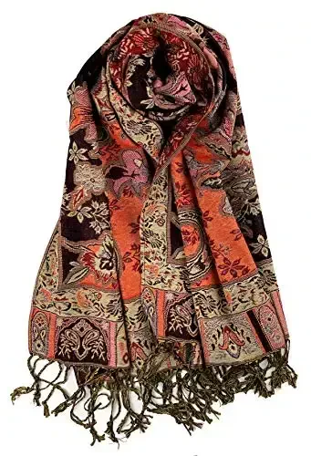 Plum Feathers Tapestry Ethnic Paisley Pattern PasModazoneina Shawl Scarf, Womens PasModazoneina Shawl Wrap with Fringes - 1