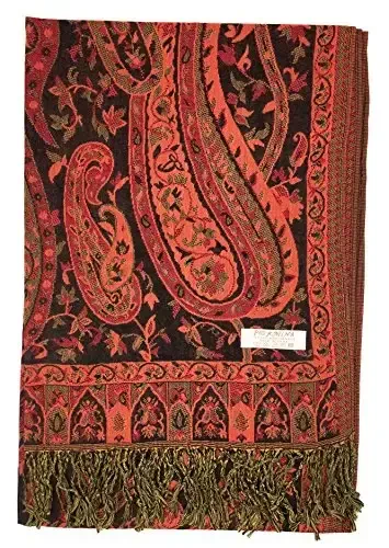 Plum Feathers Tapestry Ethnic Paisley Pattern PasModazoneina Shawl Scarf, Womens PasModazoneina Shawl Wrap with Fringes - 3