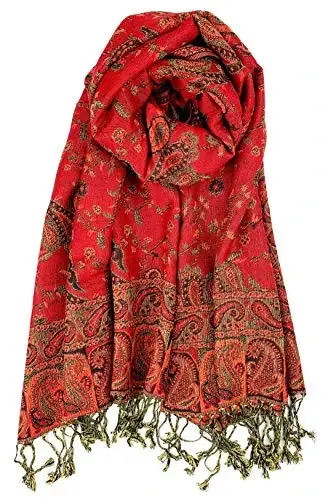Plum Feathers Tapestry Ethnic Paisley Pattern PasModazoneina Shawl Scarf, Womens PasModazoneina Shawl Wrap with Fringes - PLUM