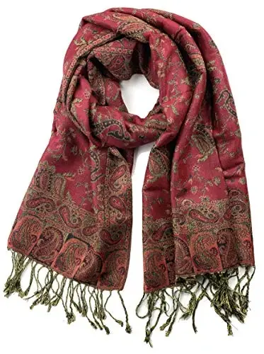Plum Feathers Tapestry Ethnic Paisley Pattern PasModazoneina Shawl Scarf, Womens PasModazoneina Shawl Wrap with Fringes 