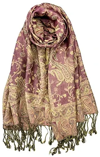 Plum Feathers Tapestry Ethnic Paisley Pattern PasModazoneina Shawl Scarf, Womens PasModazoneina Shawl Wrap with Fringes 