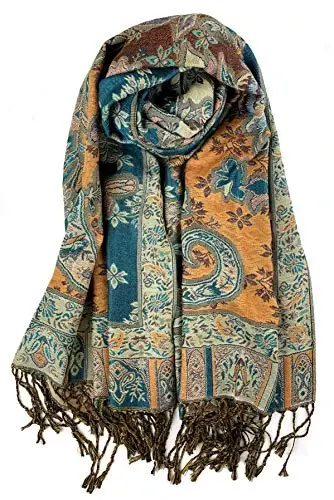Plum Feathers Tapestry Ethnic Paisley Pattern PasModazoneina Shawl Scarf, Womens PasModazoneina Shawl Wrap with Fringes - 1